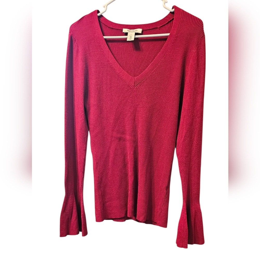White House Black Market Ribbed, Red V-Neck Sweater